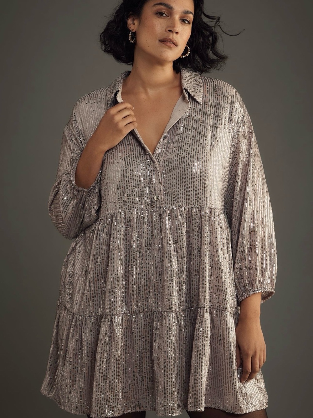 Anthropologie 2X NWT Maeve Rose Gold Sequin Tiered Shirt Dress - Picture 3 of 4
